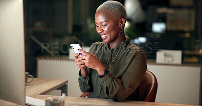 Buy stock photo Night, business woman and smile with smartphone, typing and brainstorming with overtime planning. Black person, employee and accountant with cellphone, communication and professional project proposal