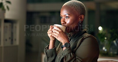 Buy stock photo Night, business woman and thinking with coffee, planning and brainstorming with overtime break. Black person, employee and accountant with drink, cappuccino and professional project proposal deadline