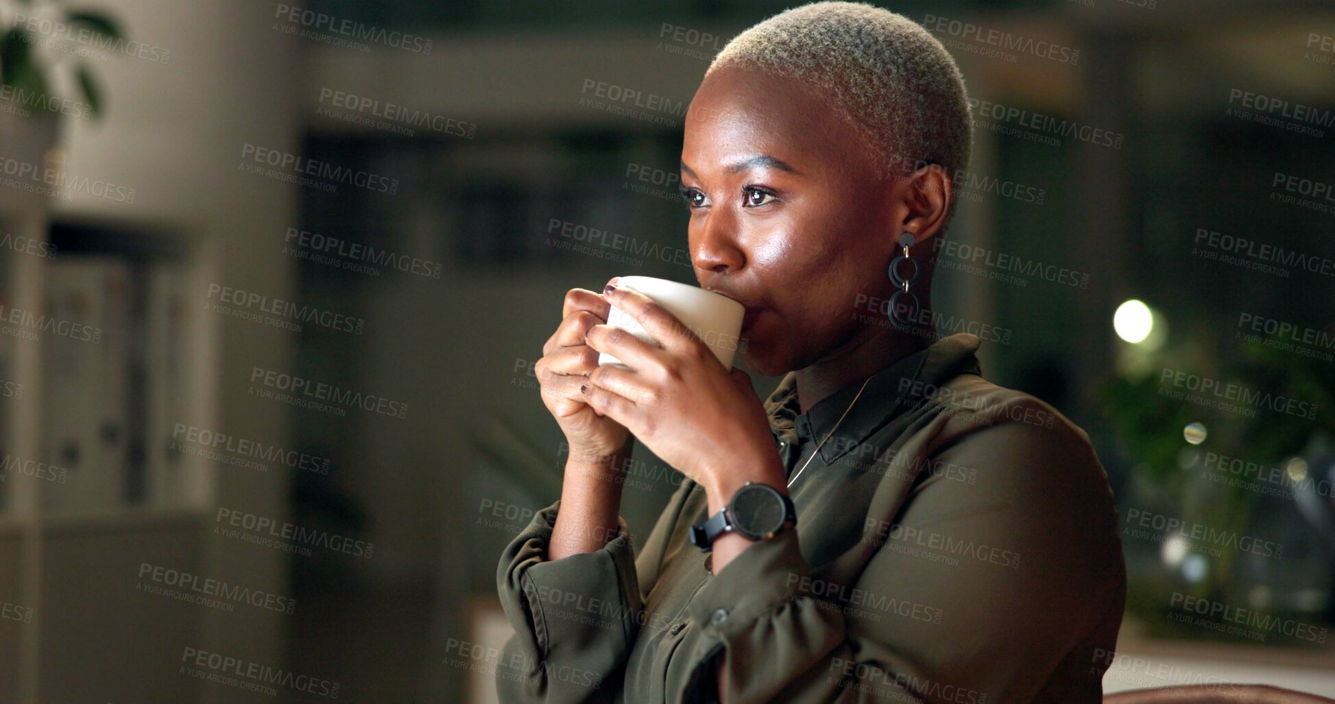 Buy stock photo Night, business woman and thinking with coffee, planning and brainstorming with overtime break. Black person, employee and accountant with drink, cappuccino and professional project proposal deadline