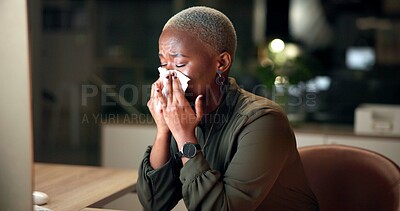 Buy stock photo Sick, night and businesswoman in office with tissue, allergy or flu illness at work with disease. Blowing nose, sinus or African editor sneezing with cold, virus or hay fever in overtime or workplace