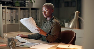 Buy stock photo Night, business and black woman with documents, reading and planning with review. Magazine editor, evening and journalist in modern office, paperwork and choice with schedule, ideas and thinking