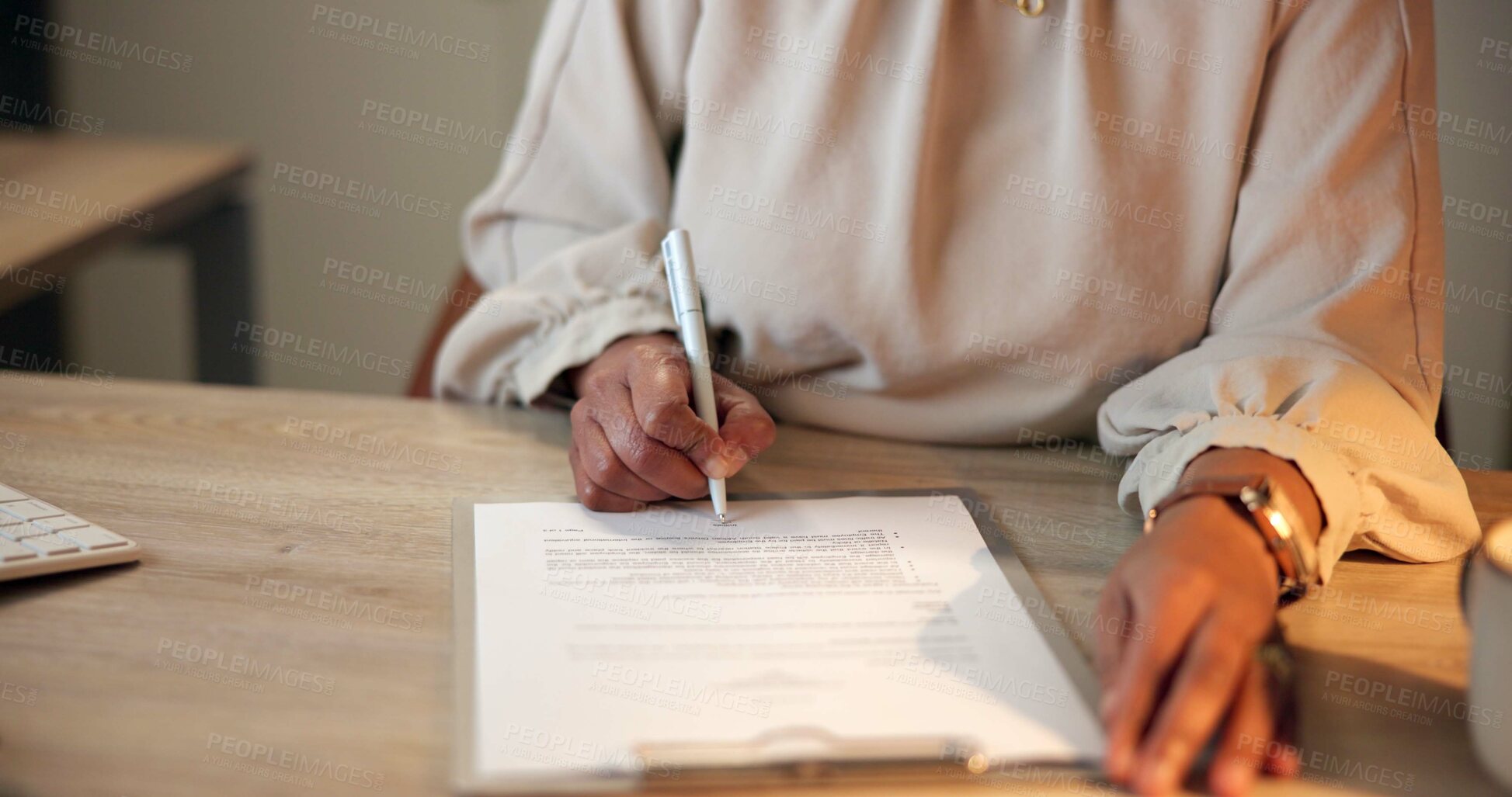 Buy stock photo Hands, signature and business with woman, paperwork and reading contract in office. Closeup, employee and consultant with clipboard, legal agreement and negotiation detail with compliance or writing