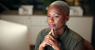 Buy stock photo Thinking, serious and black woman in office, night and ideas for copywriting, planning and computer. Digital, contemplating and working late for deadline, writer and wondering for project and article