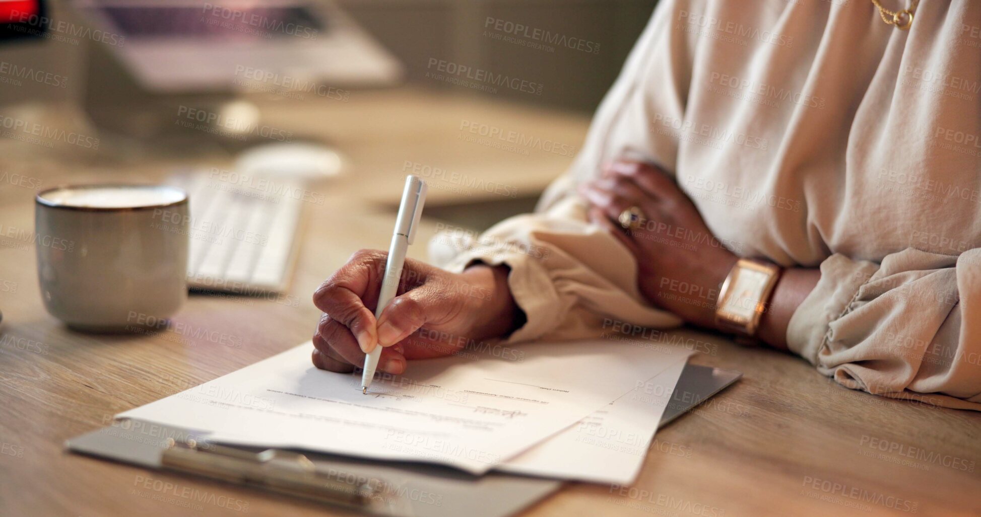 Buy stock photo Hands, night and business with woman, writing and reading contract for company policy. Legal document, employee or consultant with signature, clipboard or negotiation detail with compliance and deal