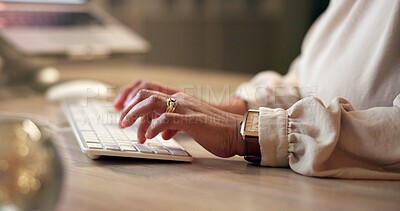 Buy stock photo Hands, computer and business woman typing email, report or journalist research information in startup office. Keyboard closeup, desk and worker writing news, publication and creative article online