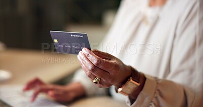 Buy stock photo Hands, credit card and payment for business, purchase or  shopping for ecommerce and sale. Woman, office and computer for customer, service and typing for electronic banking or discount promotion