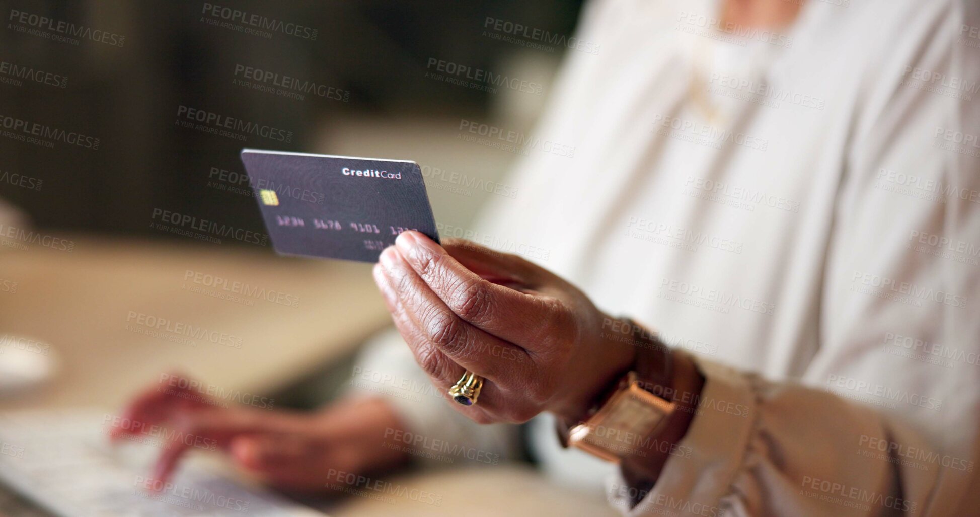 Buy stock photo Hands, credit card and payment for business, purchase or  shopping for ecommerce and sale. Woman, office and computer for customer, service and typing for electronic banking or discount promotion