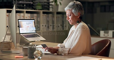 Buy stock photo Business, woman and credit card on computer at office with smile for payment and online shopping as magazine editor. Mature person, employee and happy at night with software approval and subscription