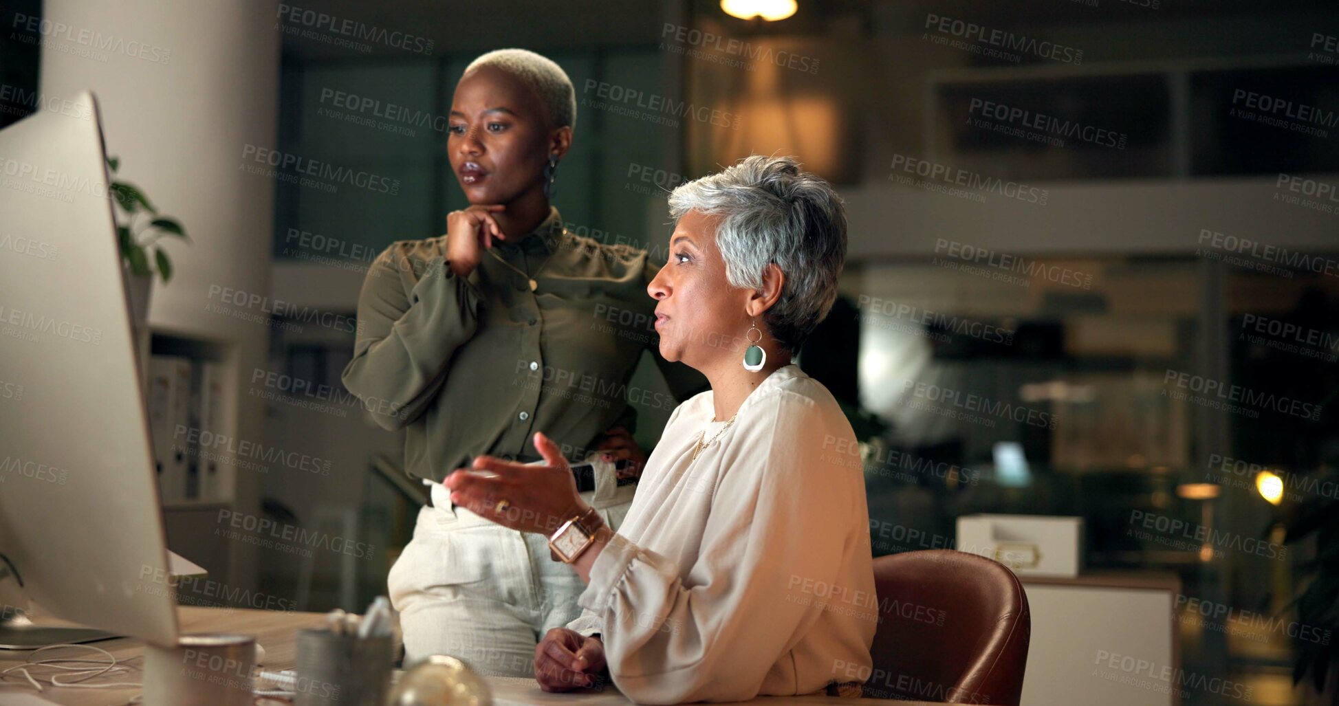 Buy stock photo Brainstorming, night and business people with computer, women and mentor in office. Employees, advice and journalist with pc, research for article and teamwork with internet, help and magazine editor