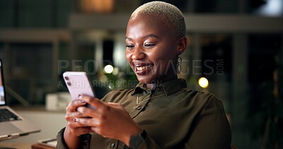 Buy stock photo Night, black woman and thinking with smartphone, notification and typing with client overtime. Business person, employee and consultant with smile, texting and professional online project proposal