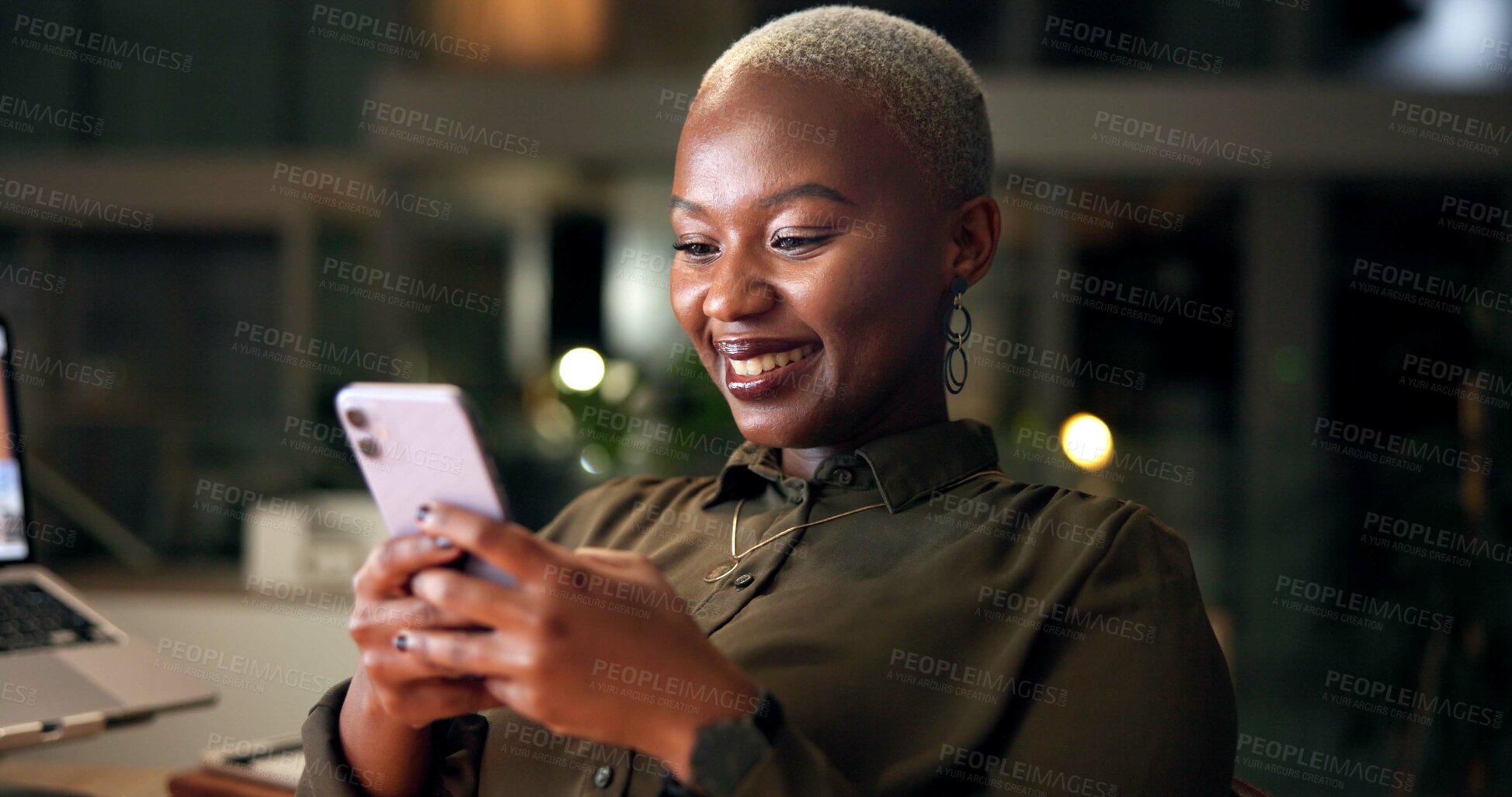 Buy stock photo Night, black woman and thinking with smartphone, notification and typing with client overtime. Business person, employee and consultant with smile, texting and professional online project proposal