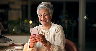 Buy stock photo Hands, business and night with woman, smartphone and typing with connection. Mature person, employee or consultant in modern office, cellphone or network with message to contact, smile or digital app