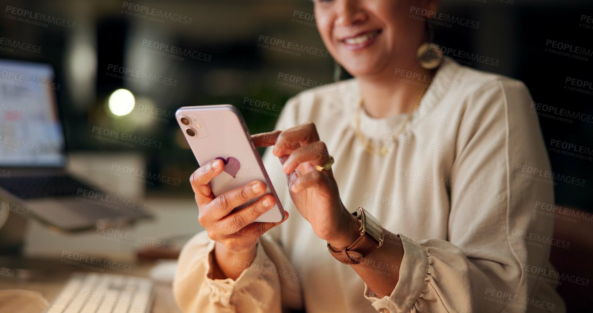 Buy stock photo Hands, business and night with woman, cellphone and typing with social media. Happy person, employee and consultant in office, smartphone and network with message to contact, chatting and digital app