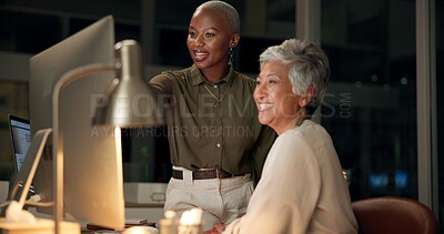 Buy stock photo Teamwork, night and business people with computer, women and mentor in modern office. Employees, cooperation and journalist with pc, research for article and help with internet and magazine editor