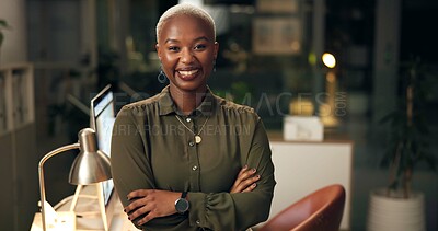 Buy stock photo Happy, crossed arms and portrait of black woman in office with confidence for corporate career. Smile, night and professional African female attorney with positive attitude and pride for legal job.