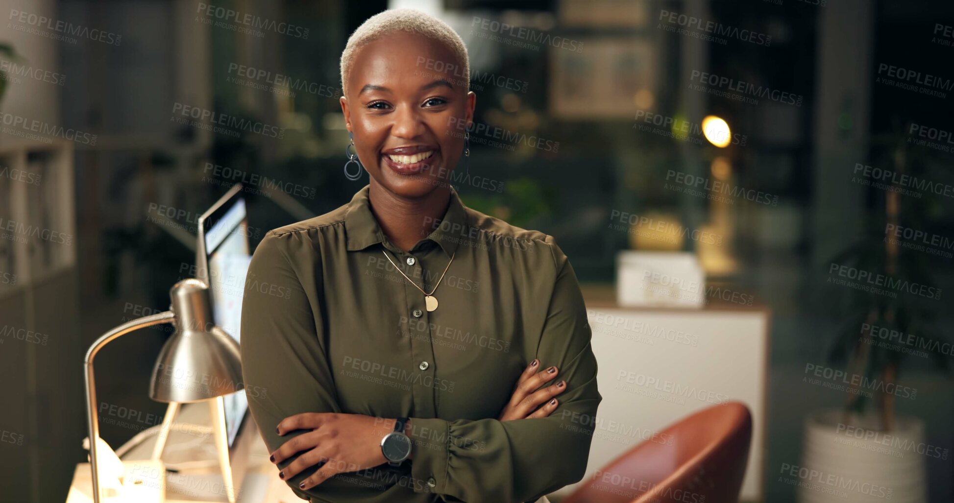 Buy stock photo Happy, crossed arms and portrait of black woman in office with confidence for corporate career. Smile, night and professional African female attorney with positive attitude and pride for legal job.