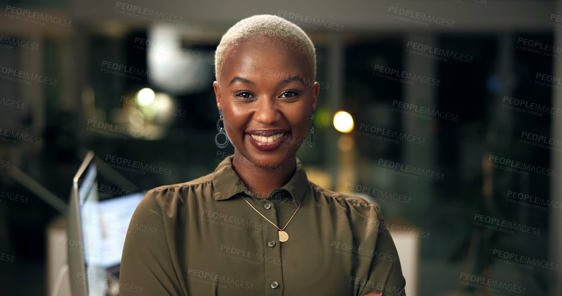 Buy stock photo Happy, pride and portrait of black woman in office with confidence for law career in Angola. Smile, night and professional African female attorney with positive attitude for business legal job.