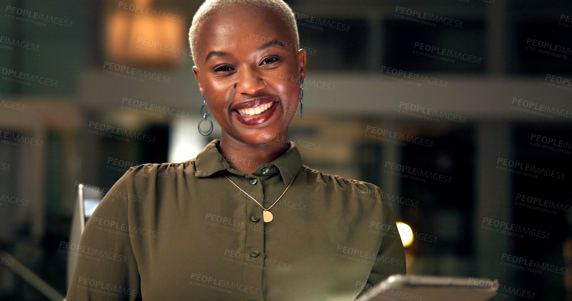 Buy stock photo Happy, tablet and portrait of black woman in office with confidence for corporate career. Smile, night and African female attorney with positive attitude for legal job with digital technology.