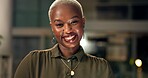 Happy, business and portrait of black woman in office with confidence for corporate career. Smile, night and professional African female attorney with positive attitude and pride for legal job.