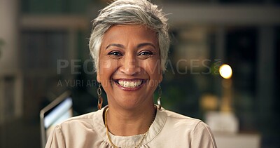 Buy stock photo Happy, pride and portrait of mature businesswoman in office with confidence for corporate career. Smile, night and professional female attorney manager with positive attitude for legal deadline.