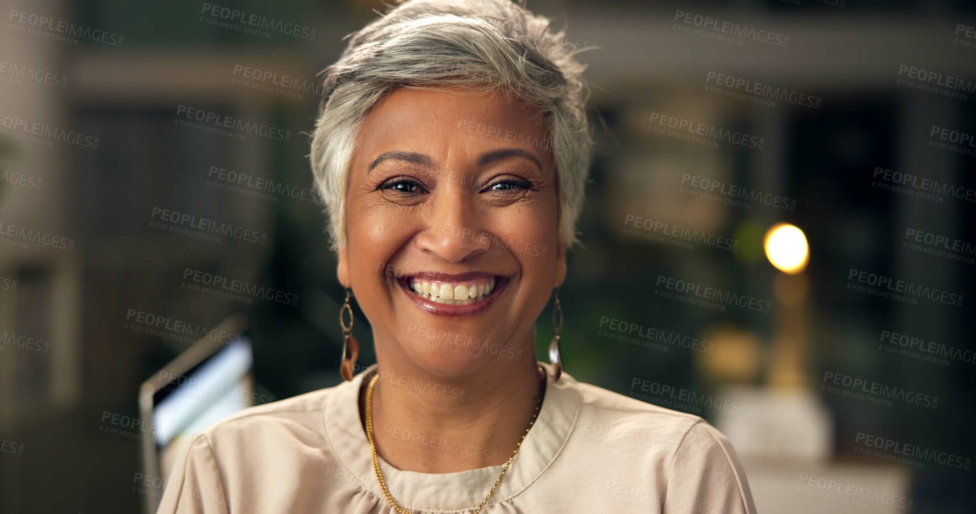 Buy stock photo Happy, pride and portrait of mature businesswoman in office with confidence for corporate career. Smile, night and professional female attorney manager with positive attitude for legal deadline.