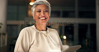 Buy stock photo Happy, tablet and portrait of mature businesswoman in office with confidence for corporate career. Smile, night and professional attorney manager with pride for legal job with digital technology.