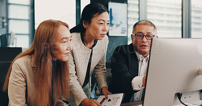 Buy stock photo Mature, business people and mentor in training with computer for online transcription and company system. Learning, employees or manager with guidance, problem solving or project management in Japan