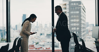 Buy stock photo Japanese woman, bow and man at window for meeting, business and culture greeting in office. Receptionist, traditional welcome and boss in agency for respect, schedule update and tech for planning