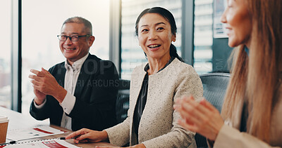 Buy stock photo Asian, happy and business people with applause in meeting for congratulations, promotion or teamwork at office. Japan, group or employees with smile or clapping for company success or achievement