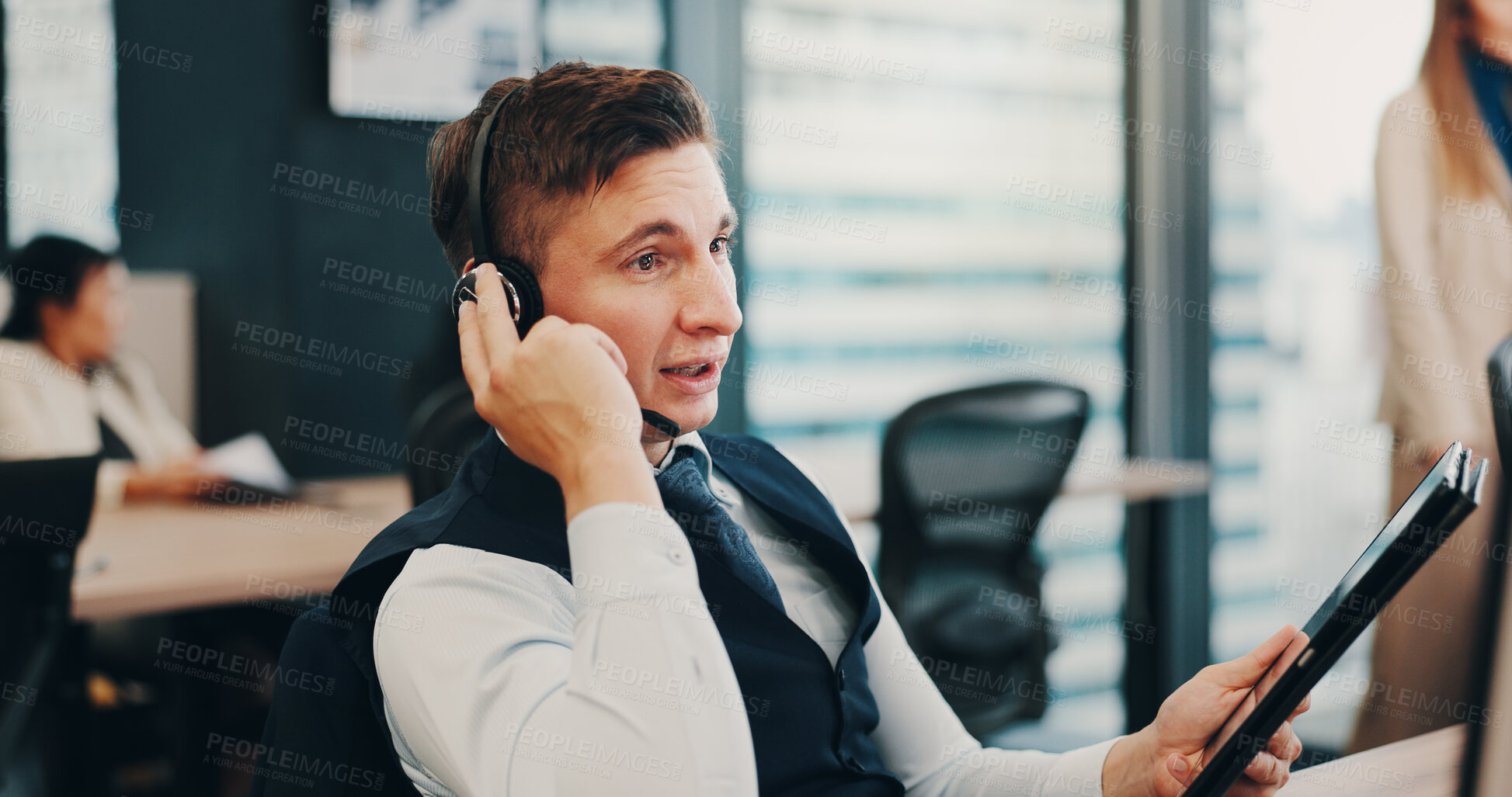 Buy stock photo Businessman, consultant and headset with tablet at call center for customer service, telemarketing or support. Japan, man or agent with headphones for consulting, online advice or CRM at workplace