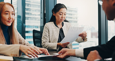 Buy stock photo Business people, documents and collaboration in office for planning, discussion and company financial review. Japan, stakeholder and executive meeting for investment proposal, teamwork and feedback