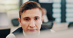 Man, working and office as financial advisor for agency or company on computer, website or network. Male person, concentration an reading on screen for news, development and report for audit or taxes