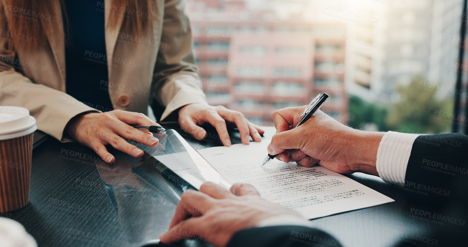 Buy stock photo Japanese, business people and hands with contract, documents or paper for signature or agreement at office. Closeup, employees or colleagues with form, application or policy for signing, b2b or deal