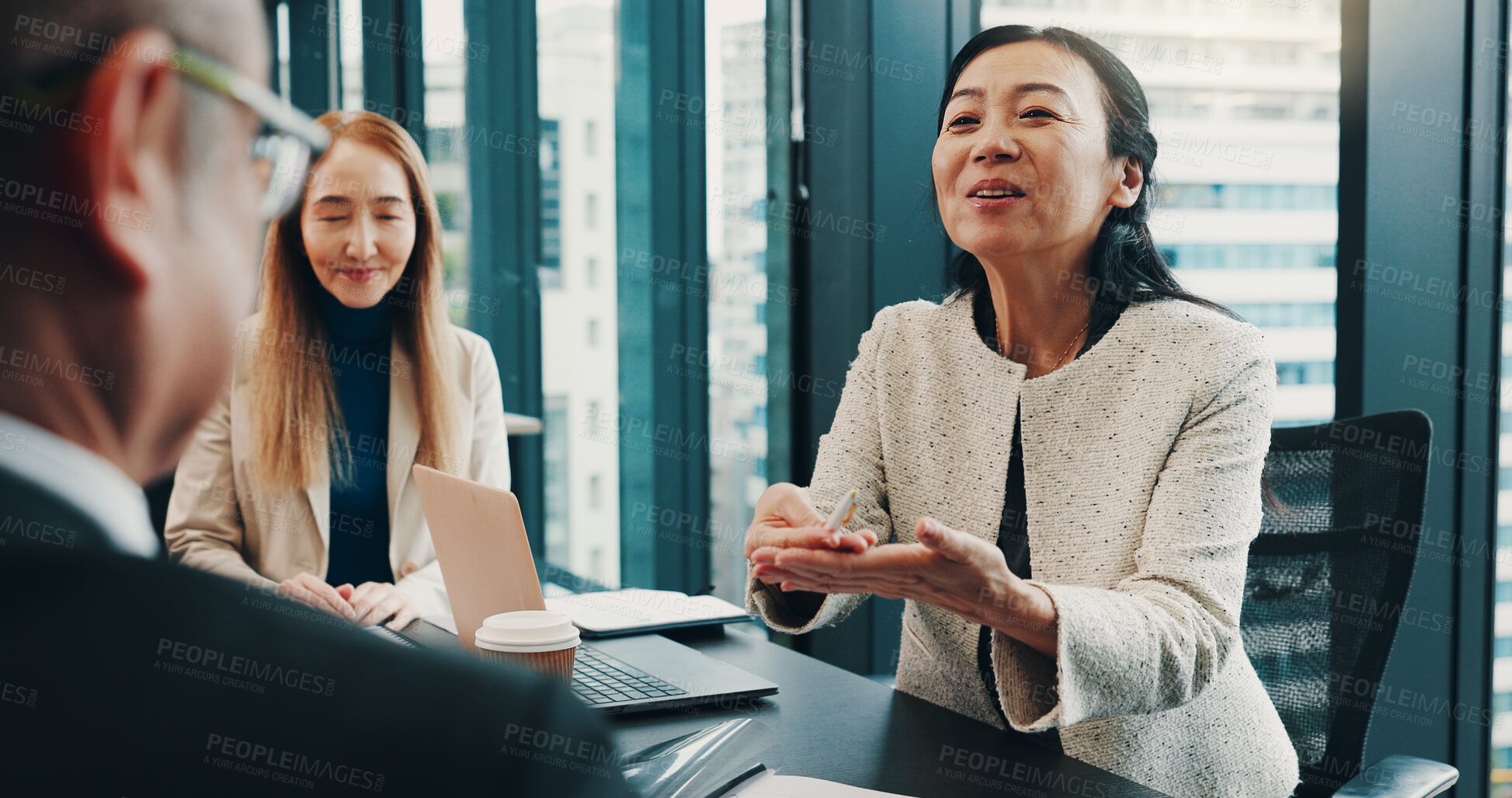 Buy stock photo Business people, meeting and collaboration in office for discussion, planning and company financial review. Japan, stakeholder and executive conference for investment proposal, teamwork and feedback