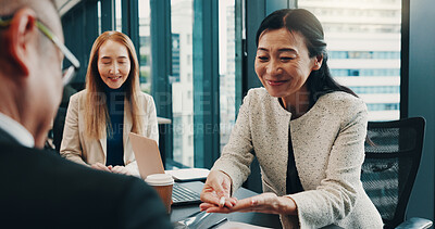 Buy stock photo People, happy and pen in office for business deal, agreement and offer for sign contract. Company team, Japanese woman and polite in agency for new partnership, culture gesture and policy update