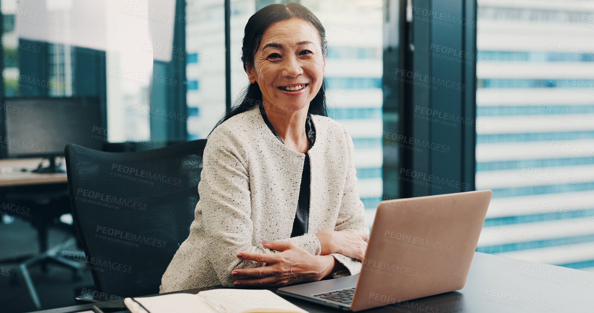 Buy stock photo Laptop, corporate and portrait of Japanese woman in office for internal auditor, research and account manager. Professional, business and report with mature person in finance firm for company revenue