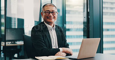 Buy stock photo Laptop, business and portrait of Japanese man in office for internal auditor, bookkeeper and account manager. Professional, corporate and report with mature person in finance firm for company revenue