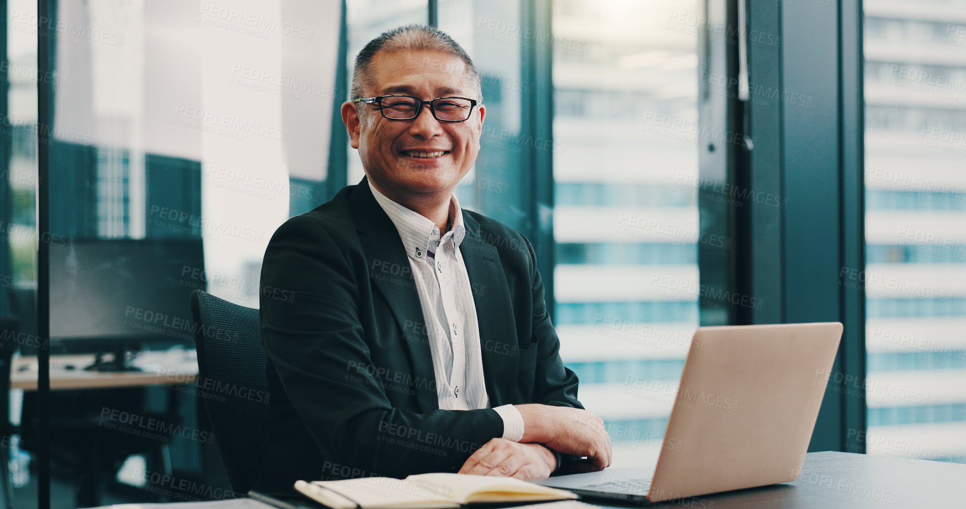 Buy stock photo Laptop, business and portrait of Japanese man in office for internal auditor, bookkeeper and account manager. Professional, corporate and report with mature person in finance firm for company revenue