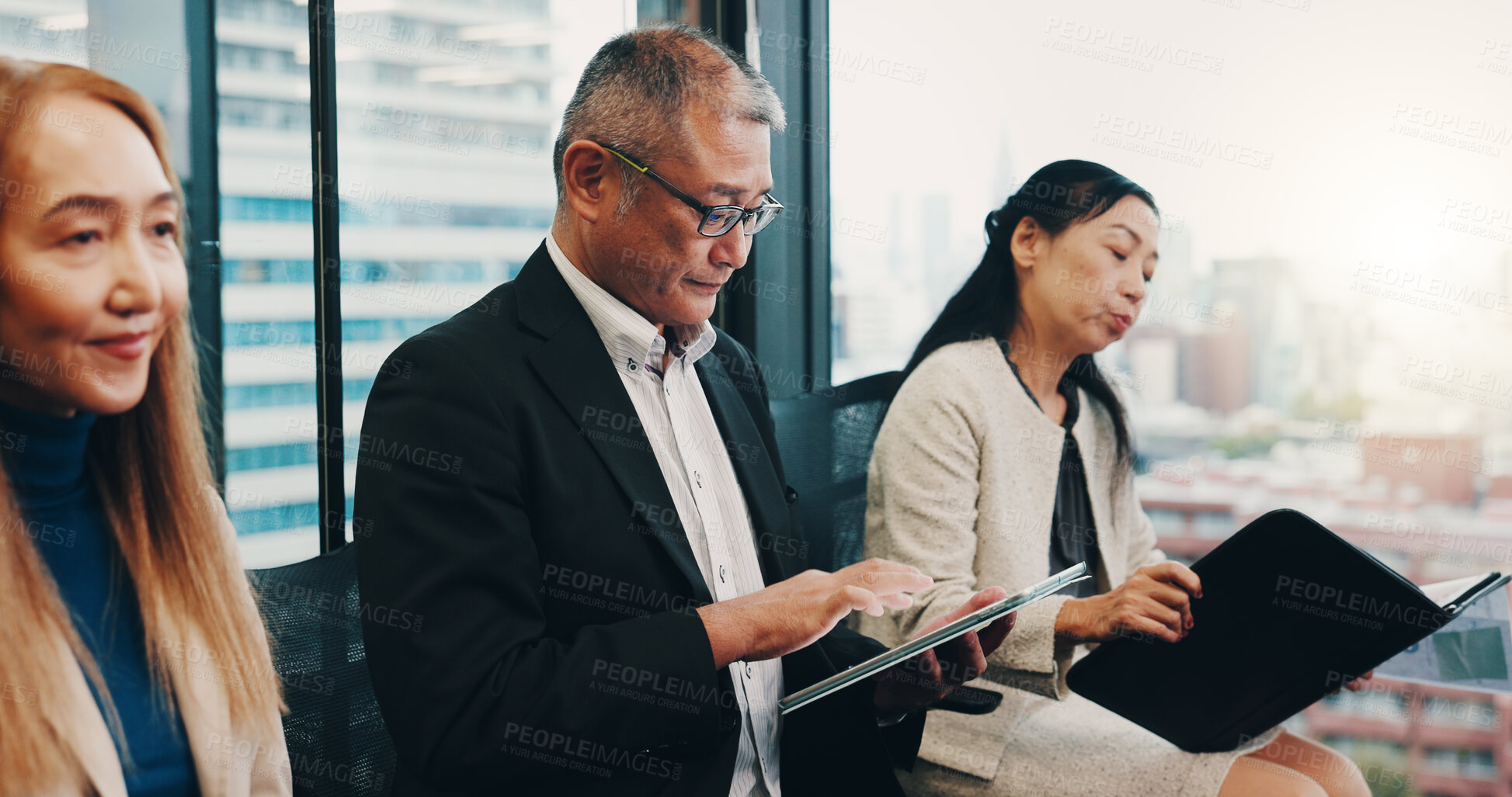 Buy stock photo Business people, project and collaboration in office for planning, discussion and company financial review. Japan, stakeholder and executive conference for investment proposal, teamwork and feedback