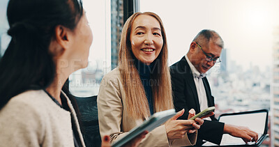 Buy stock photo Business people, meeting and collaboration for planning, discussion and company financial review in office. Japan, stakeholder and executive conference for investment proposal, teamwork and feedback