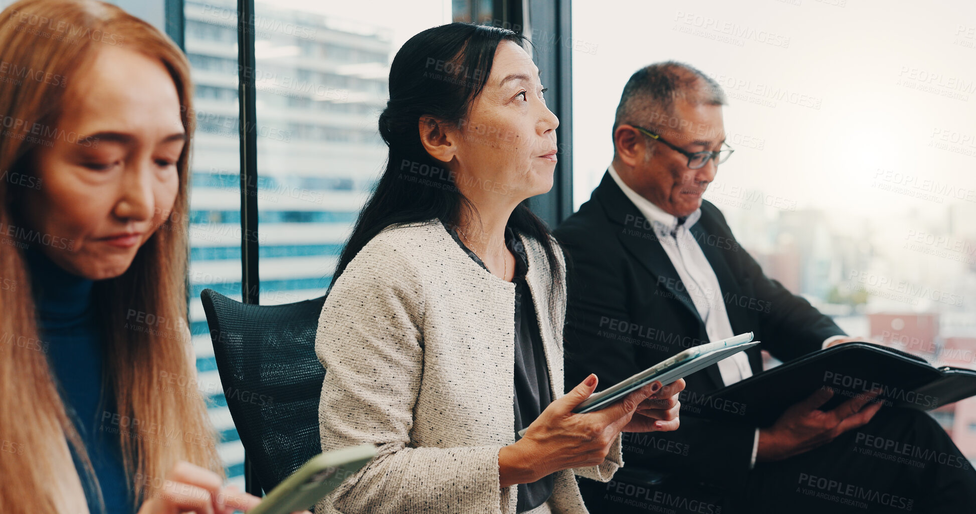 Buy stock photo Japan, meeting and business people in office on tablet for planning, discussion and website research. Corporate, company and men and women on digital tech for negotiation, teamwork and collaboration