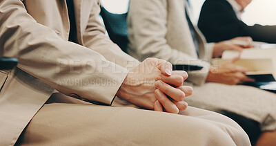 Buy stock photo Anxiety, recruitment and hands of business person in waiting room for hiring, job interview and vacancy. Candidate, pressure and stress with closeup of employees at Japan company for opportunity