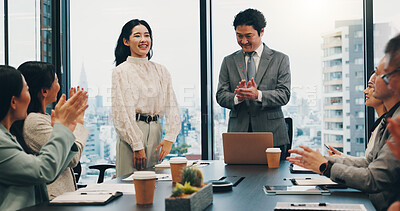 Buy stock photo Business people, applause and collaboration in office for celebration, praise and company financial success. Japan, woman and executive conference for investment proposal, teamwork and introduction