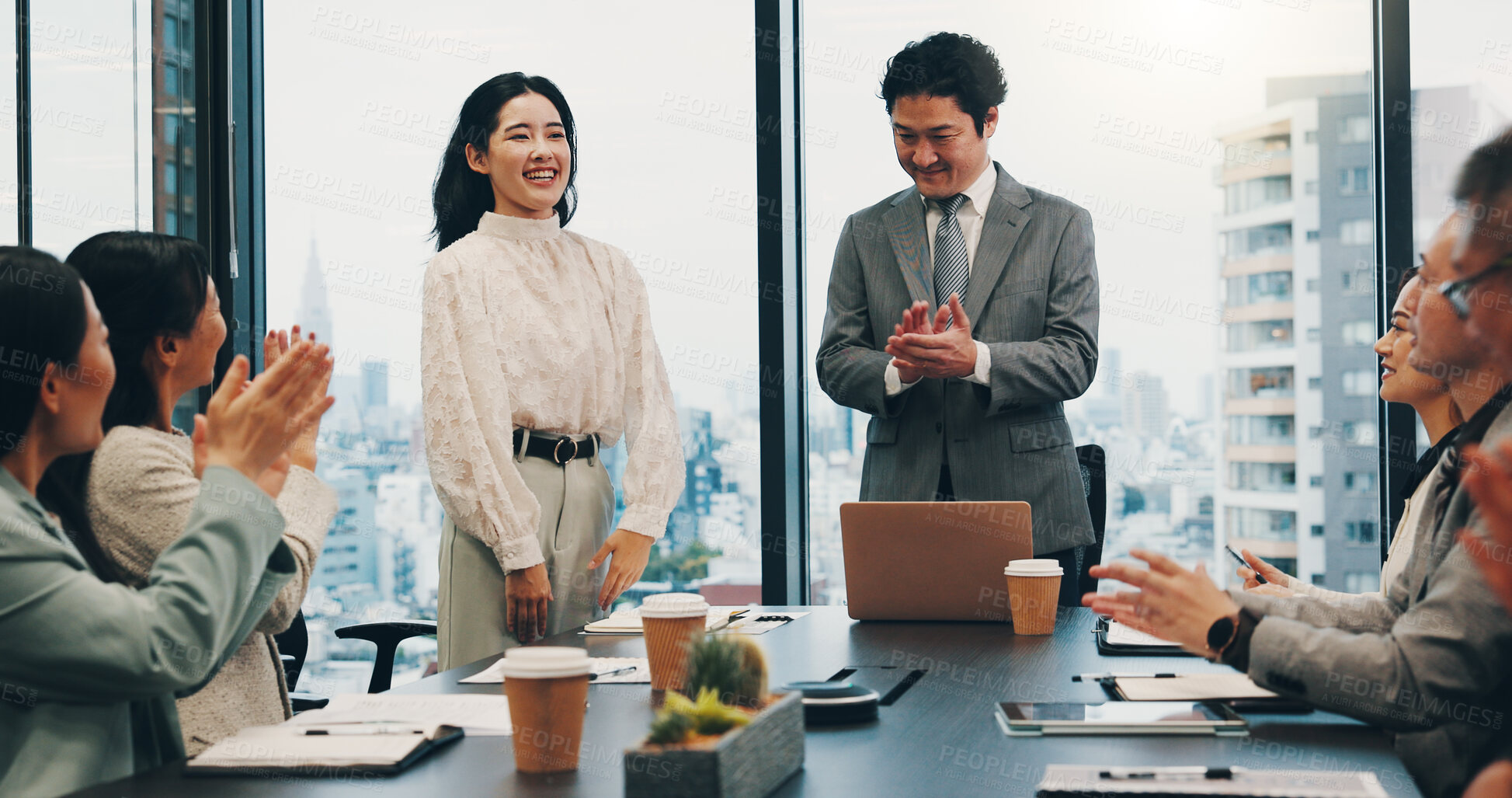 Buy stock photo Business people, applause and collaboration in office for celebration, praise and company financial success. Japan, woman and executive conference for investment proposal, teamwork and introduction