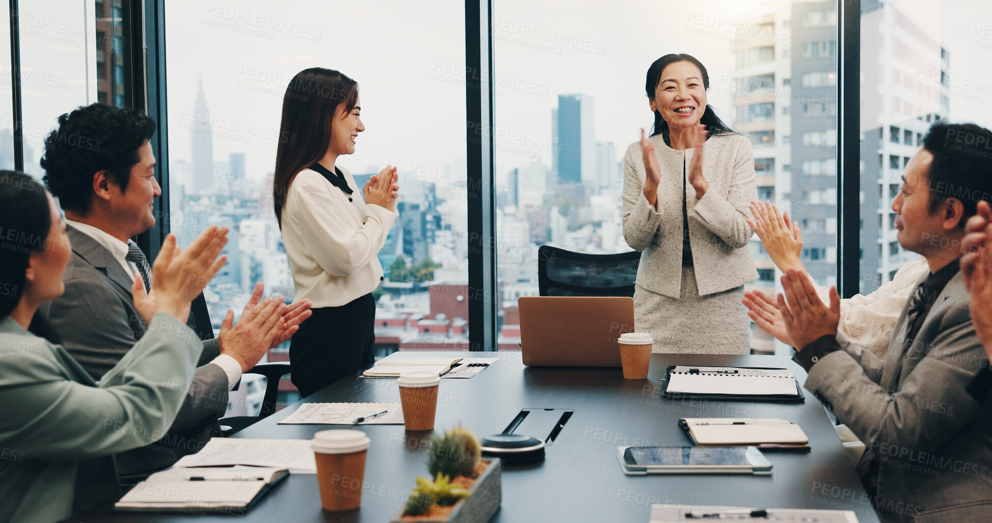 Buy stock photo Celebration, boss and people in meeting, success and clapping for achievement, boardroom or cheering. Office, teamwork and applause for accomplishment, investor and smile for business or joy in Japan