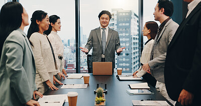 Buy stock photo Business people, meeting and partnership in office for planning, discussion and company financial review. Japan, stakeholder and executive conference for investment proposal, teamwork and feedback