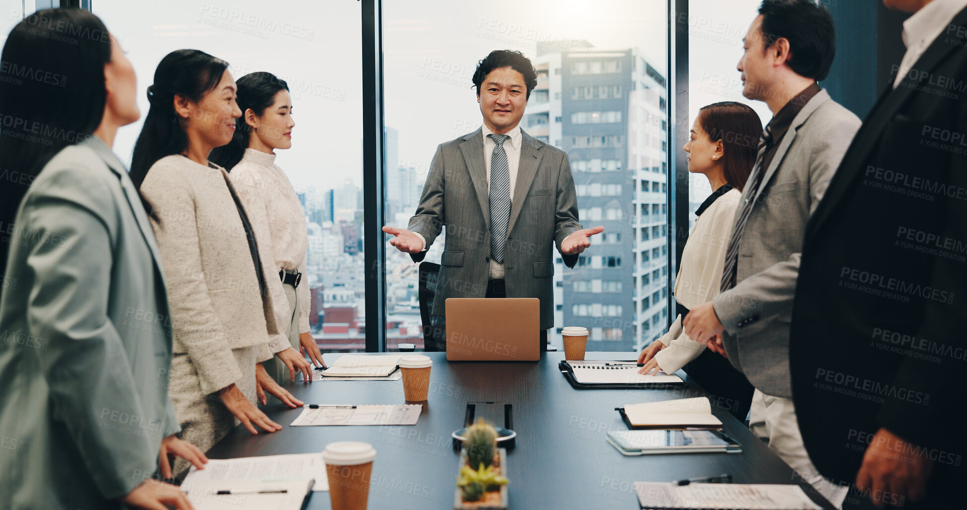 Buy stock photo Business people, meeting and partnership in office for planning, discussion and company financial review. Japan, stakeholder and executive conference for investment proposal, teamwork and feedback