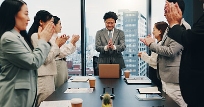 Buy stock photo Celebration, boss and people in meeting, clapping and happy for achievement, boardroom and smile. Success, teamwork and applause for accomplishment, investor and joy for business and excited in Japan