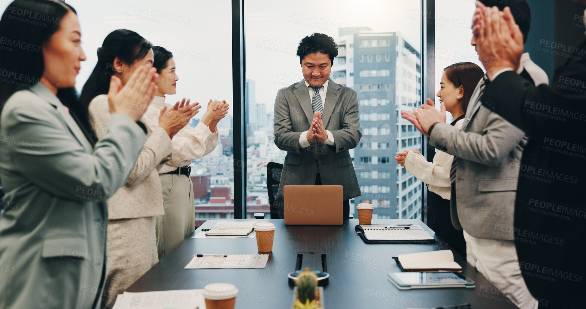 Buy stock photo Celebration, boss and people in meeting, clapping and happy for achievement, boardroom and smile. Success, teamwork and applause for accomplishment, investor and joy for business and excited in Japan