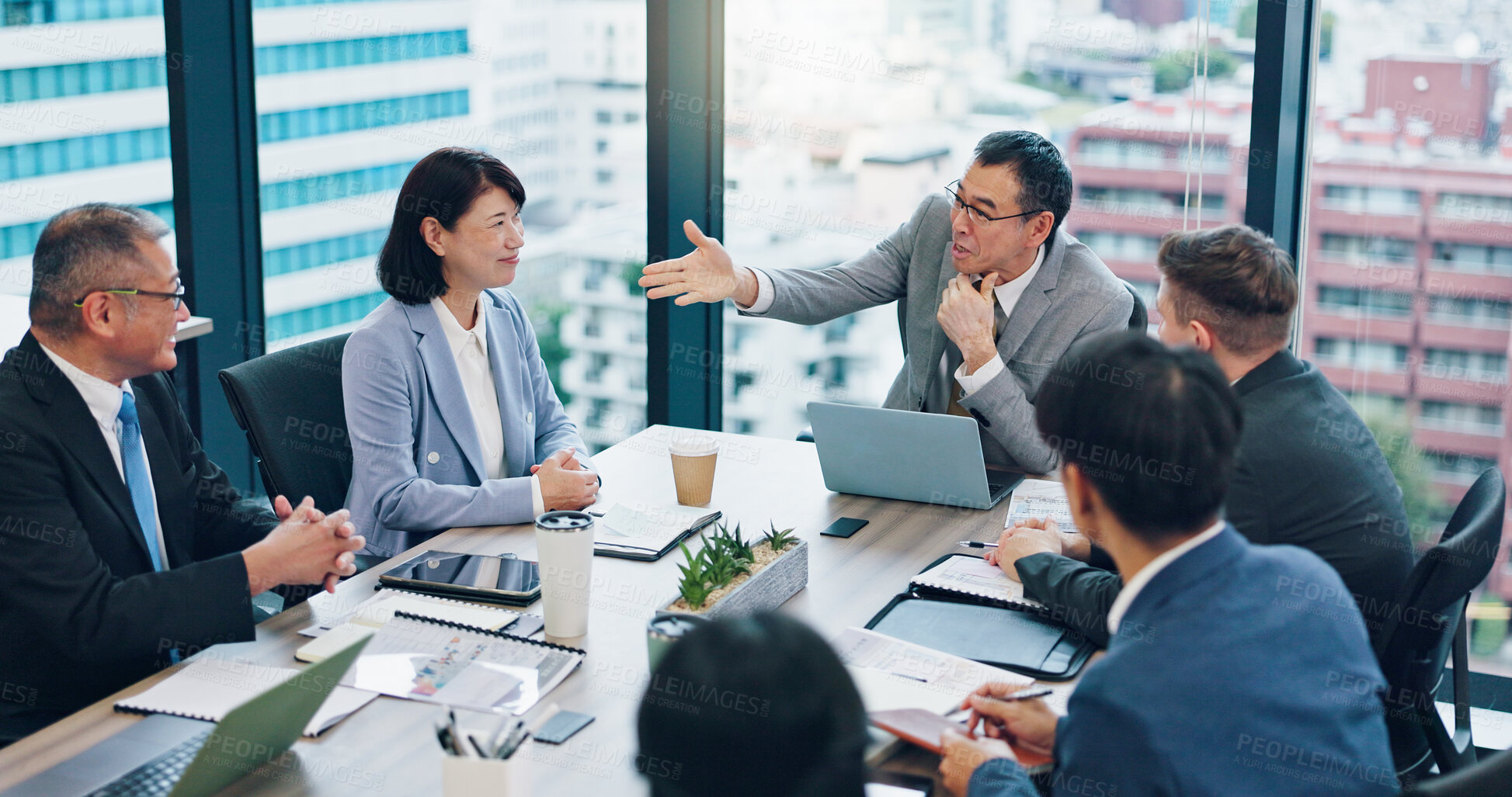 Buy stock photo Employees, financial manager and office meeting for review, communication and teamwork in Japan. Business people, investment report and workplace for briefing, revenue project and brainstorming